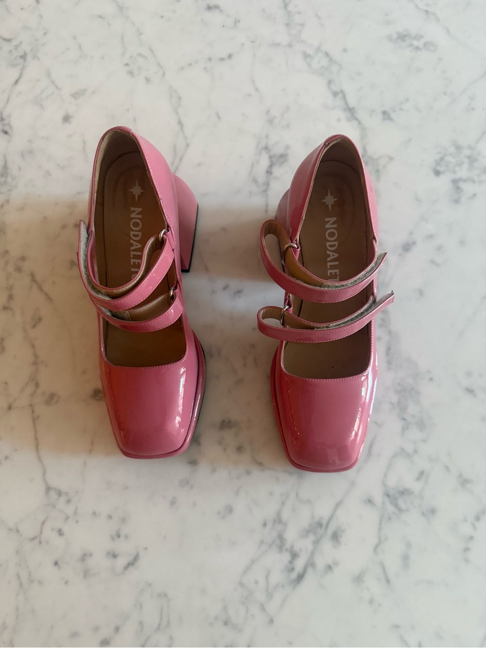 Nodaleto Glossy Pink Patent Mary Jane Block Heels